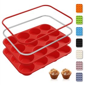 2 Pack 12 Cups Silicone Muffin Pan with Metal Reinforced Frame Regular Size Silicone Molds Cupcake Cake Baking Pans Cookie Baking Chocoflan Cupca