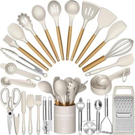 Chef Silicone Kitchen Utensil Set, 34PCS Heat Resistant Kitchen Gadgets and Tools With Grater, Wood Handles for Nonstick Cookware (Type: Silicone, Wood)